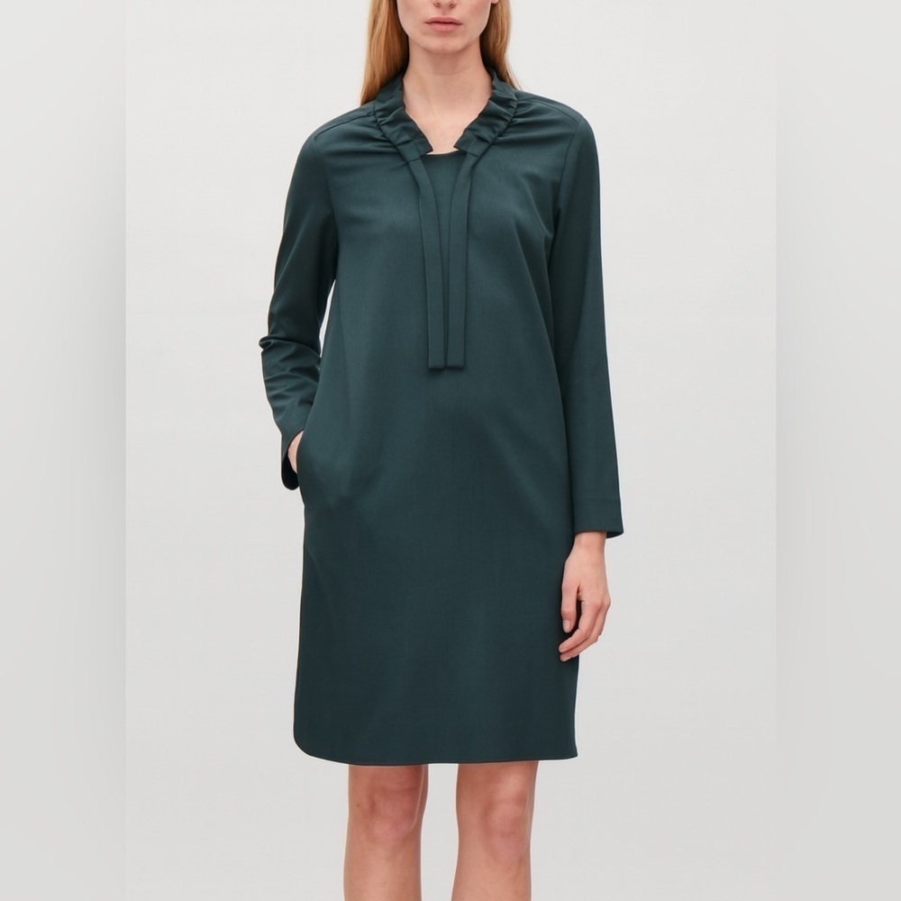 COS green gathered-neck wool dress